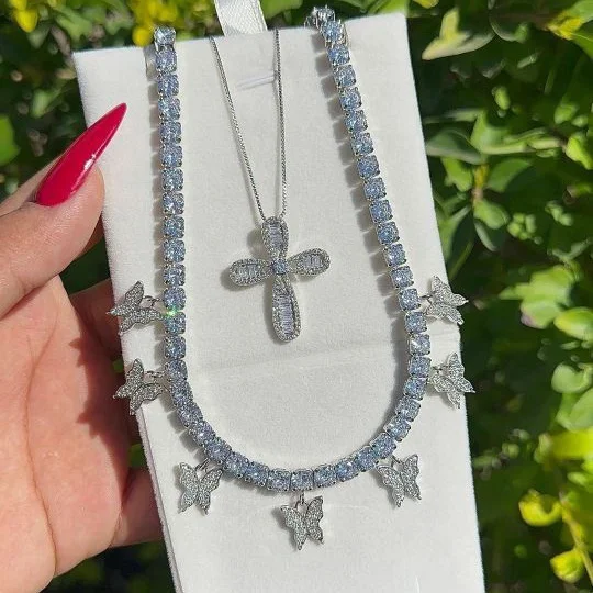 trendy women delicate tennis chain choker necklace silver brilliant shining cubic zirconia diamond butterfly charms necklace