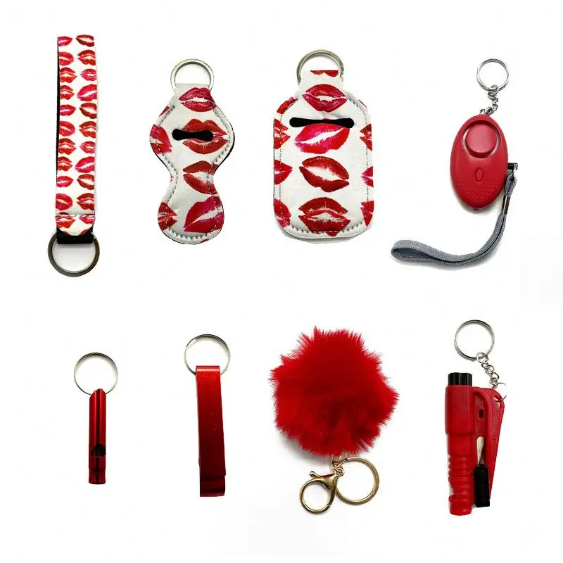 Wholesale 8pcs Keychain Set Bulk Accessories wrist strap whistle bottle opener pom pom window breaker Set Self Defense  keychain