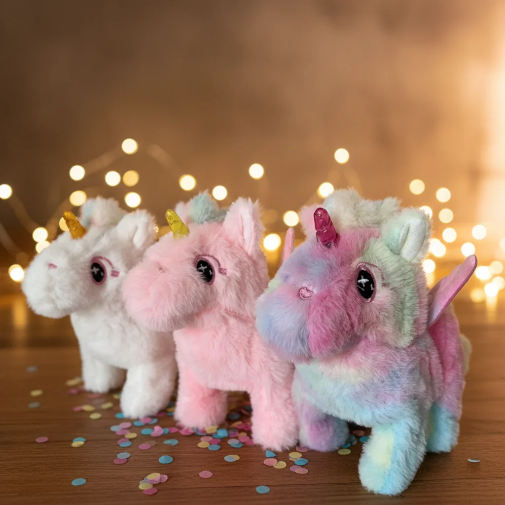 Плюшевый разноцветный маленький пегас с пластиковым рогом единорога ходит и издает звуки детская игрушка электрическая плюшевая