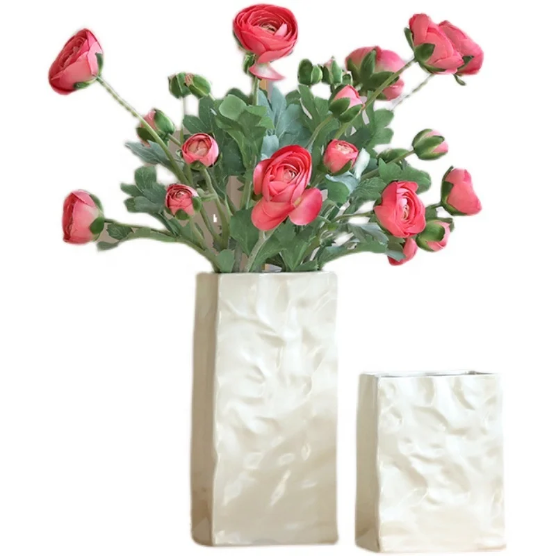 Modern Trendy Home Dining Room Table Centerpiece Unique Square Wide Mouth Pleated Decor White Crinkle Paper Bag ceramic vase