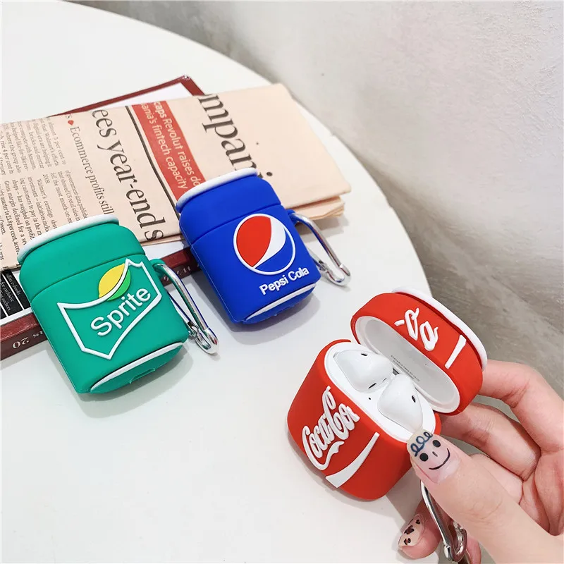 Hot Sale 3D Cola Sprite Bottle Design Earphone Case with Clip for Airpods Pro Cartoon Soft Drinks Style Cover for Airpods 1/2
