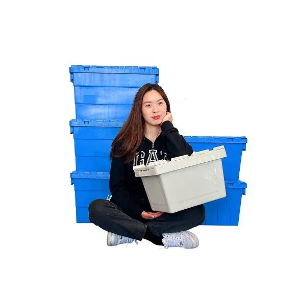 Warehouse Plastic Moving Crate Stackable Storage Attached Lid Containers Plastic Tote Turnover Box for transport and delivery