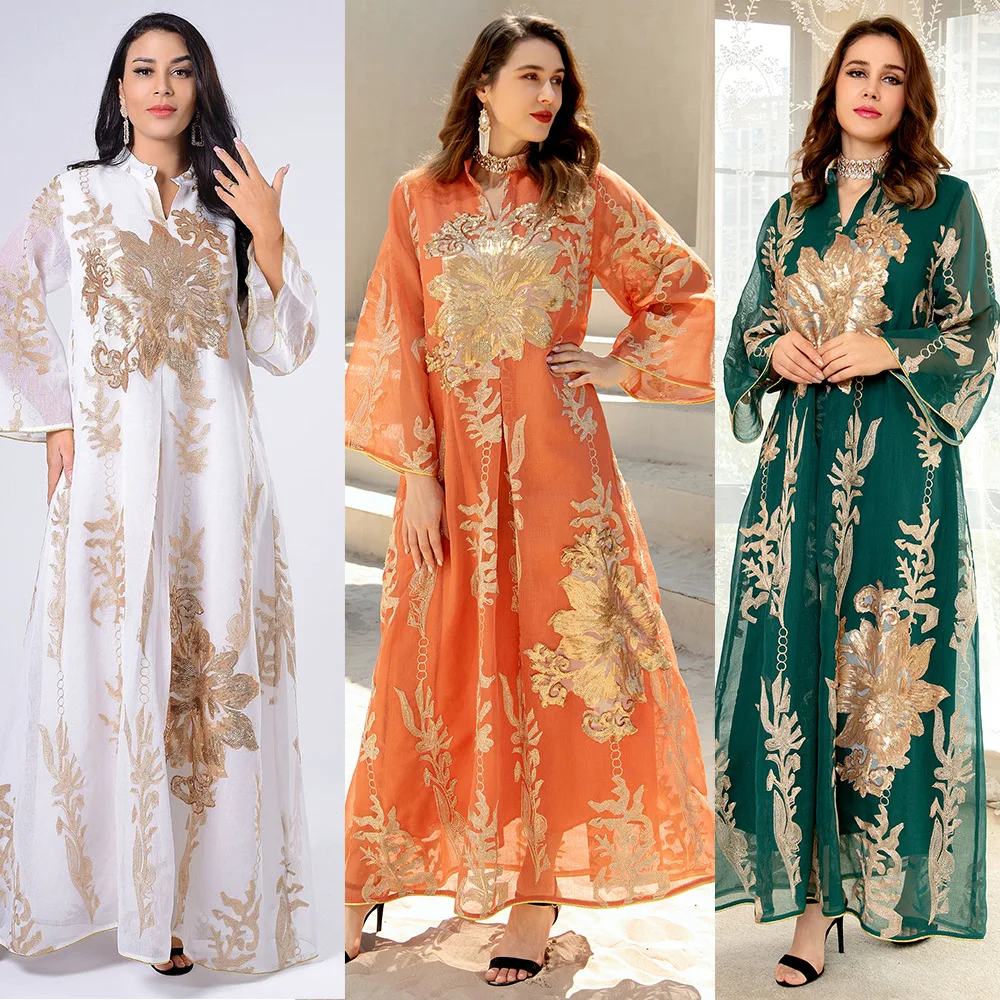 Middle East Abaya Women Muslim Dress Elegant Floral Printing Evening Dresses Long Sleeves Maxi Dress Ladies Abaya Dubai
