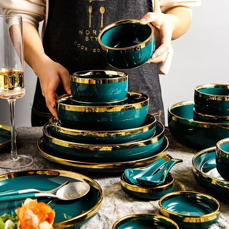 European Modern Dinner Plate Gold Rim Gold Plates Ceramic Dinnerware Sets Luxury For Wedding