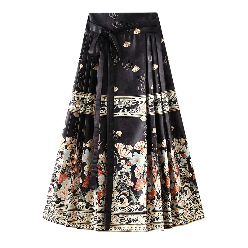 Vintage Chinese Style Women Pleated Skirt Traditional Hanfu Inspired Horse Face Skirt New  Printed Long Skirt for Women