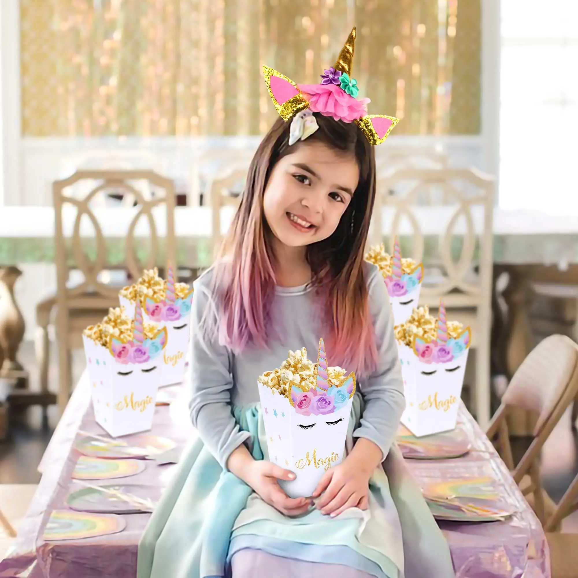 Rainbow Unicorn Magical Unicorn Baby Shower or Birthday Party Favor Popcorn Treat Boxes - Set of 12 Cookie Containers KPB003