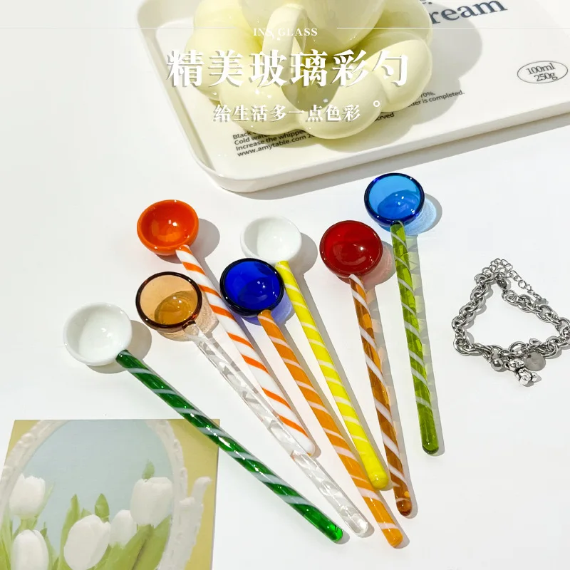 Clear and colorful glass spoon heat resistant stirring rod for coffee tea milk party home bar wedding
