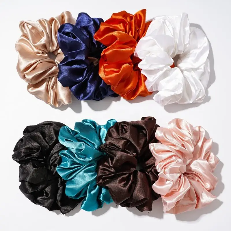 Wholesale hot sale women fashion hair accessory solid satin wide silk fabric scrunchies for hair tie