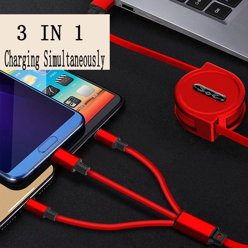 
3 in 1 retractable cables wholesale 2A 2M 1M Cord Retractable Portable Charging Cable 