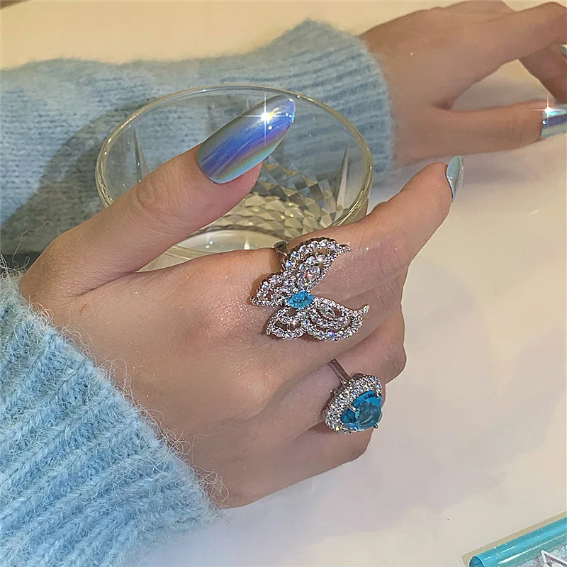 JUHU Ice and Snow Fairy Tale Series Ring Micro-inlaid Zircon Ice Blue Love Heart Opening Ring Crystal Butterfly Ring Female