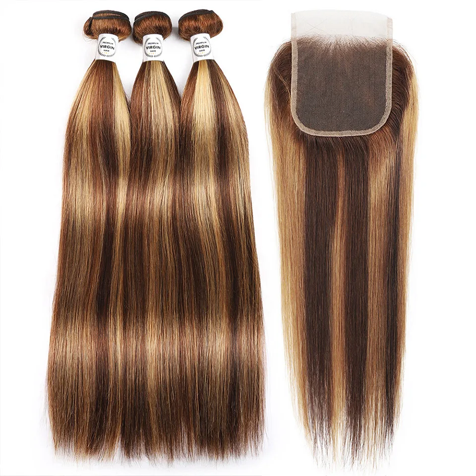 Eli Hair Highlight Bundles With Closure , Double Drawn Bone Straight Virgin Peruvian Woman Human Hair Bundles With Closure