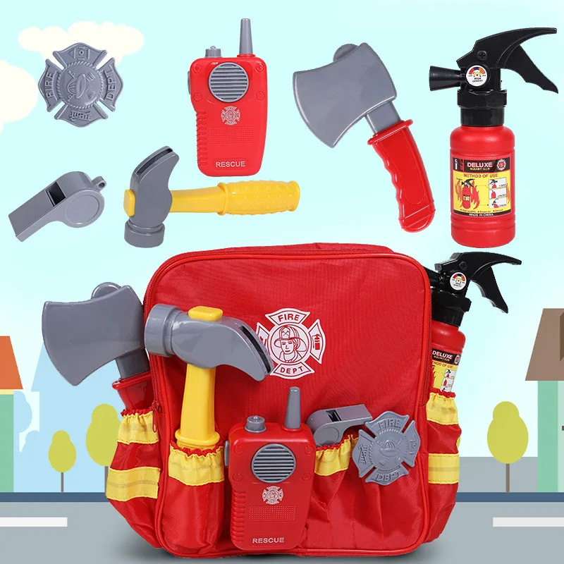 Educational Pretend Play Toys Roleplay Fireman Rich Accessories Simulated Audible Pager Extinguisher Fire Tool Kit Set Kids