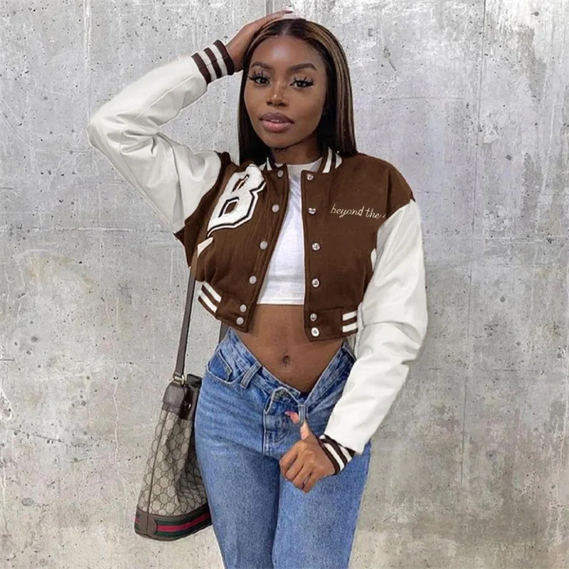 Printed Red Leather Sleeve Baseball Jackets Short varsity Jackets Fashion Women Jackets