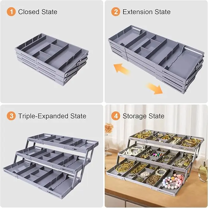 3 Tier Drawer Organizer Expandable Junk Drawer Organizer Multi Level Folding Smart Drawer Organizer for Makeup
