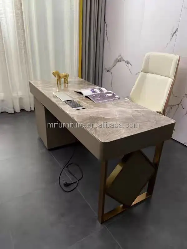 Modern Office Furniture Luxury Golden Stainless Steel Large Desk Office Table for Home Commercial