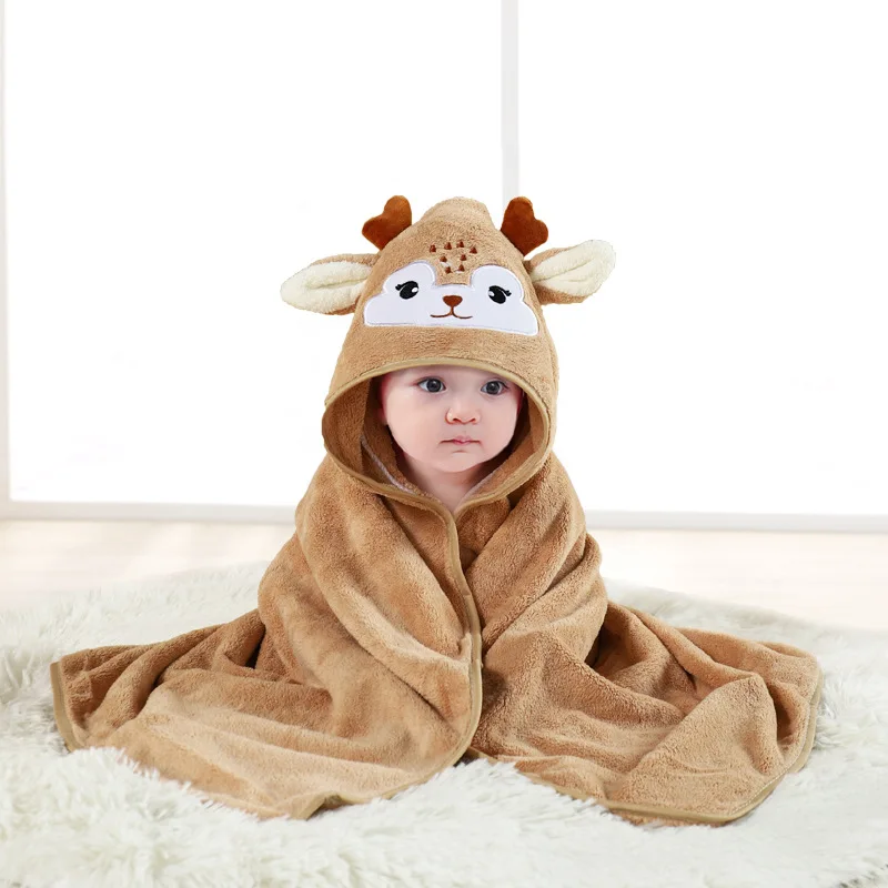 Eco-friendly velvet baby hooded bath towel, newborn wrap bath towel , cute cartoon absorbent bath hooded towels