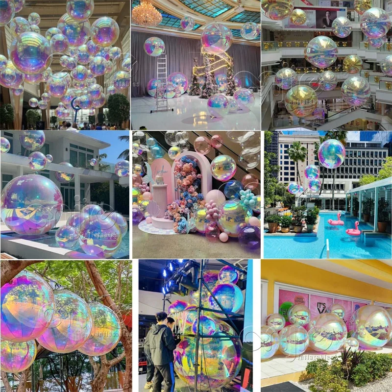 Big shiny balls rainbow holographic iridescent translucent chrome pvc mirror balls 1m inflatable mirror ball