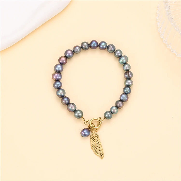 Bead Bracelet Set Stainless Steel Gold Plated Non-fading 18k Punk Jewelry Black Natural Freshwater Pearl Gift