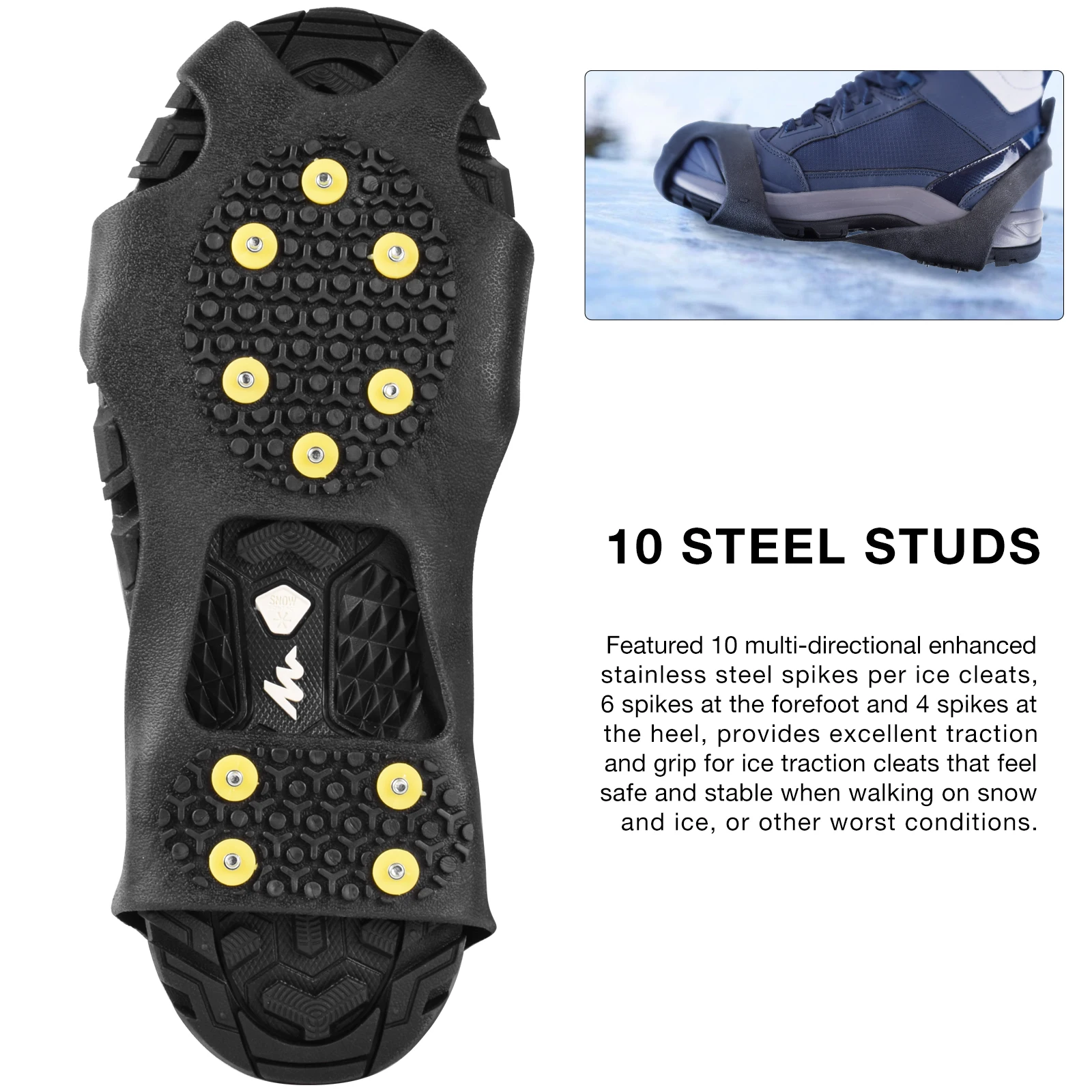J1W 10 Steel Anti Slip Studs Ice Cleats Snow Silicone Shoe Spikes Crampons for Hiking Shoes