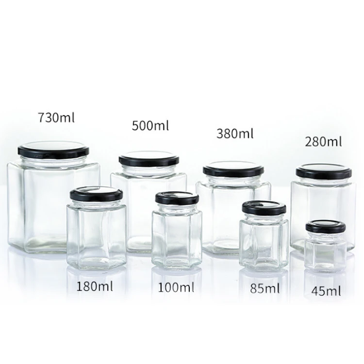  Wholesale Custom Size Logo & Style Hexagonal Glass Honey Jar With