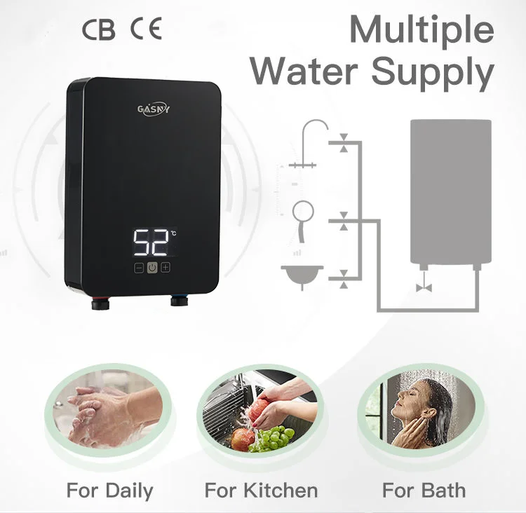 Low water pressure start square glass shell 6000w touch screen smart hot water supply instant electric water heater