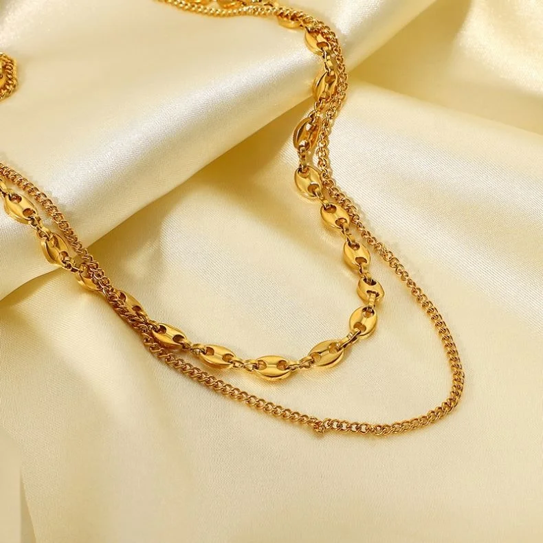 New Simple Double Layer Chain Link Chocker Women Jewelry 18K Gold Plated Stainless Steel Necklace
