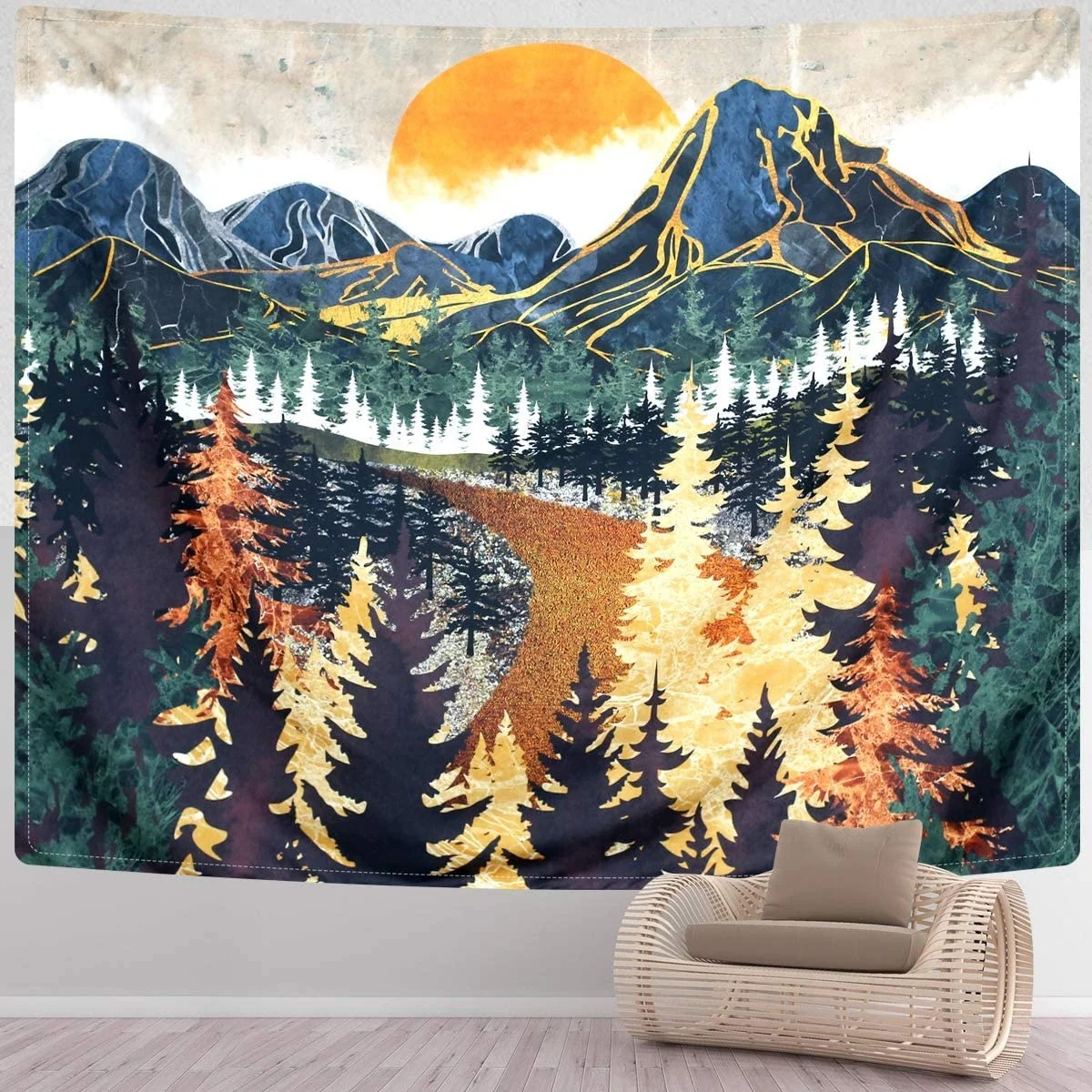 Hot Sale Home Decor Mountain and Sunset Nature Landscape Tapestry Wall Hanging Forest Trees Tapestry Wave Art Tapestry