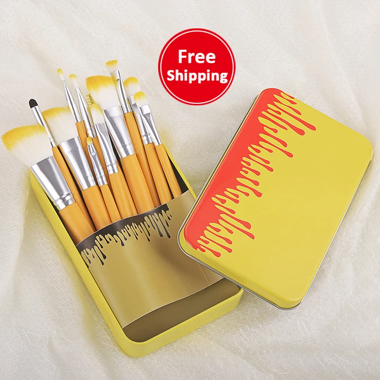 Portable yellow red aluminum box professional cosmetic cheap high quality vegan makeup brushes set private label