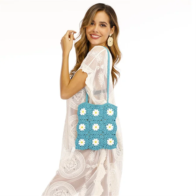 Fancy Hot Style Handmade Floral Knitting Crochet Yarn Net White Daisy Flower Pattern Tote Handbag