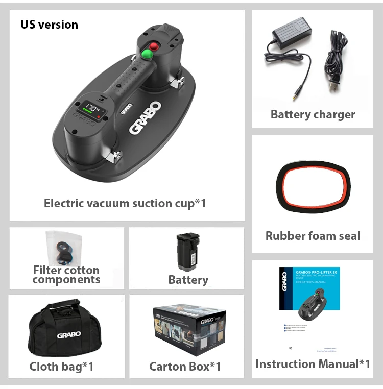 Grabo Pro Electric Vacuum Suction Cup Lifter with Electronic Display Battery Powered Wood Granite Glass Tiles Carry Lifter
