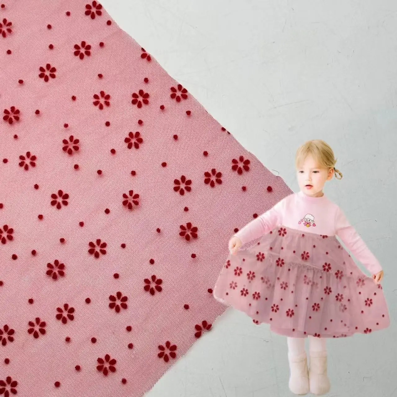 2024 New Luxury 100% Polyester Stretch Mesh 25GSM Red floral Velvet Flocking Fabric for Garments Knitted Clothing Stock