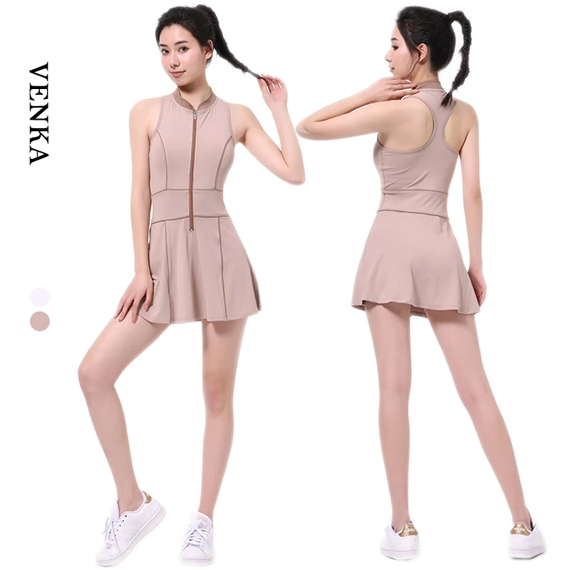 Women Tennis Skirt Dress  With Collar Front Zipper UP  For Running Tennis Breathable Athletic Yoga Skirt Body Suit