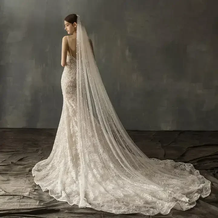 2834 Romantic White Ivory Bridal Veil With Comb One Layer Cathedral Pearls Crystal Beads Long Wedding Veil 75-300cm