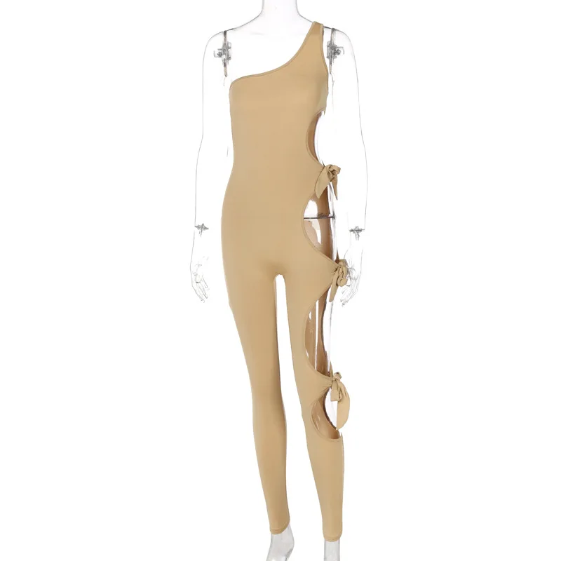 H6866 - fashion bodycon sleeveless one shoulder solid hollow out women jumpsuit