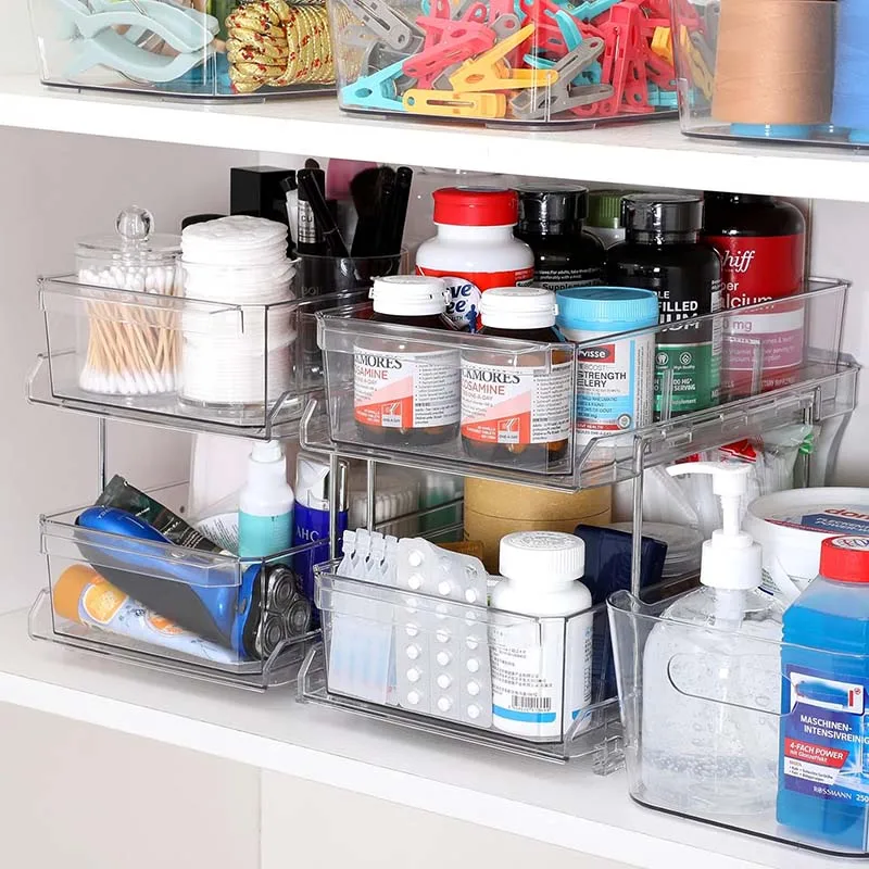 Pull-out Home Under Sink Organizing Tray 2 Tier Clear Organizer with Dividers for Cabinet
