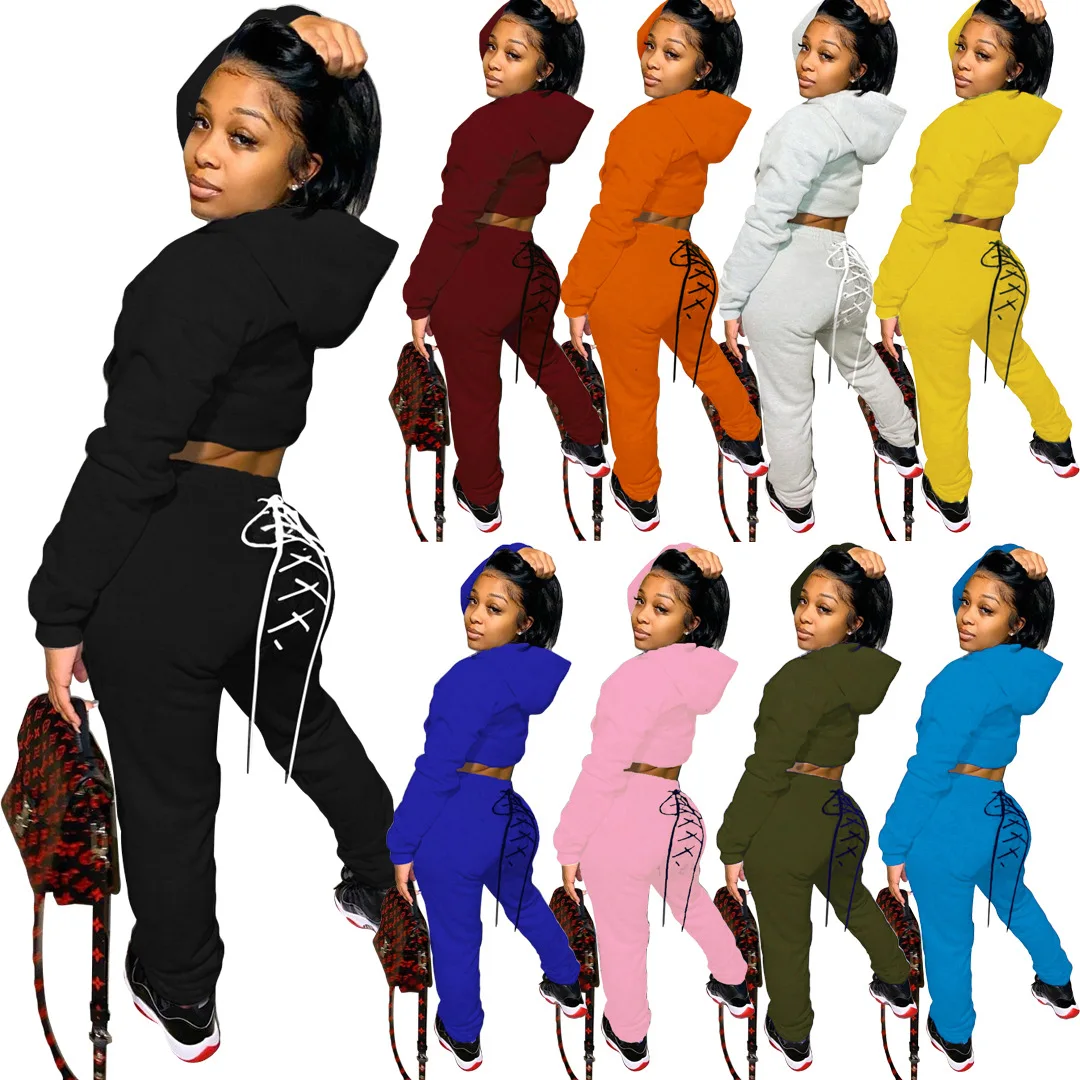2024 2024 Women Winter Clothing Solid Color Hoodie Top Bandage Pants Thick Two Piece Set Long Sleeve Women Jogger Tracksuit Set