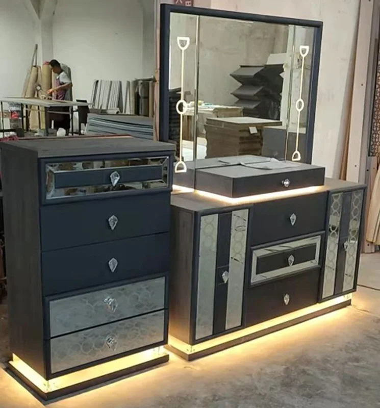 Factory Ready to Ship Home Furniture 6pcs Bedroom Set Bed Nightstand Wardrobe Dresser Chest of Drawer