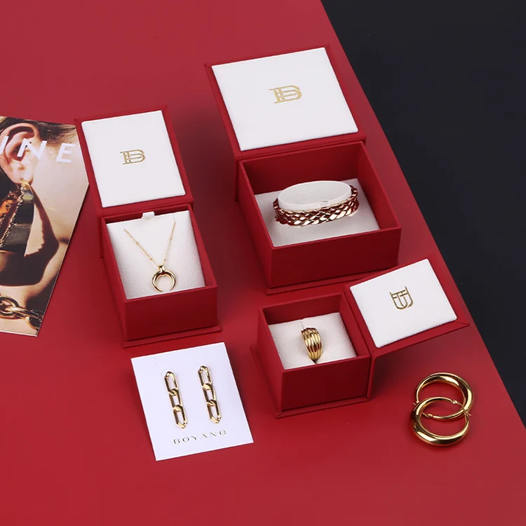 Boyang Custom Logo Printed Red Flip Paper Jewelry Earring Necklace Packaging Box