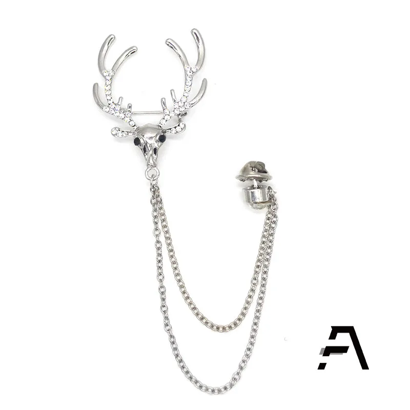 Sterling Silver Deer Head Rhinestone Crystal Men Shirt Chain Brooch Pin