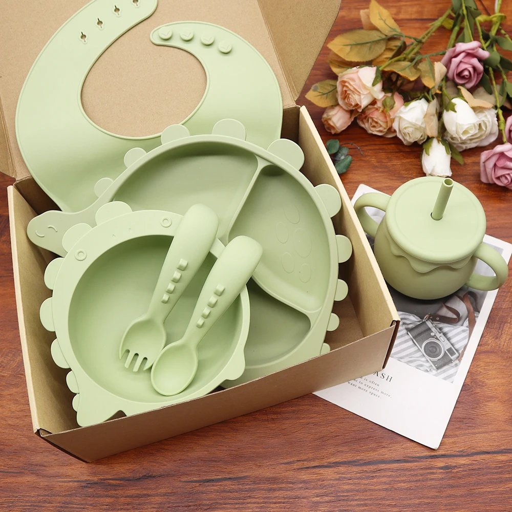 Factory OEM Dinosaur Cartoon Animal Suction Plate Bowl Silicone Children Feeding Set Baby Tableware Sets