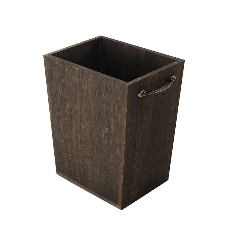 Dark Brown Wood Garbage Container Bin with Built-in Double Metal Handles