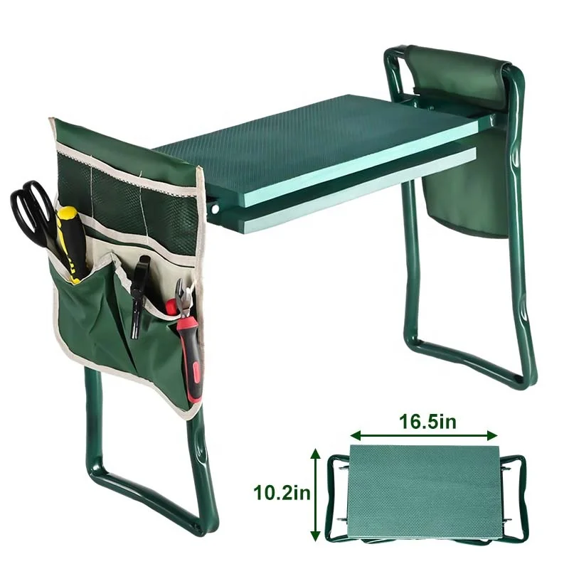 Сверхмощный складной металлический садовый табурет 2-в-1 с пенопластовой подушкой для коленей и сиденьем с сумкой для инструментов