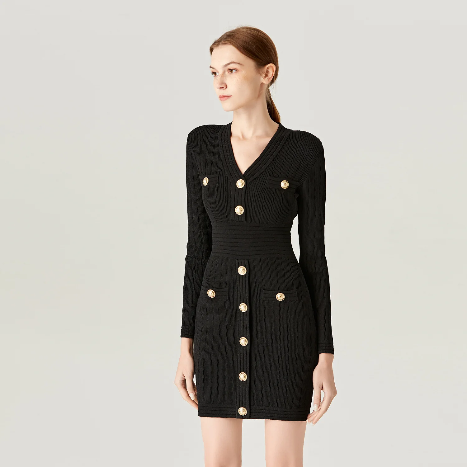 Soiling Hot Selling Fall Winter Long Sleeve v Neck Balmainn One Step Skirts Office Short Knit Elegant Thicken Graceful Dress