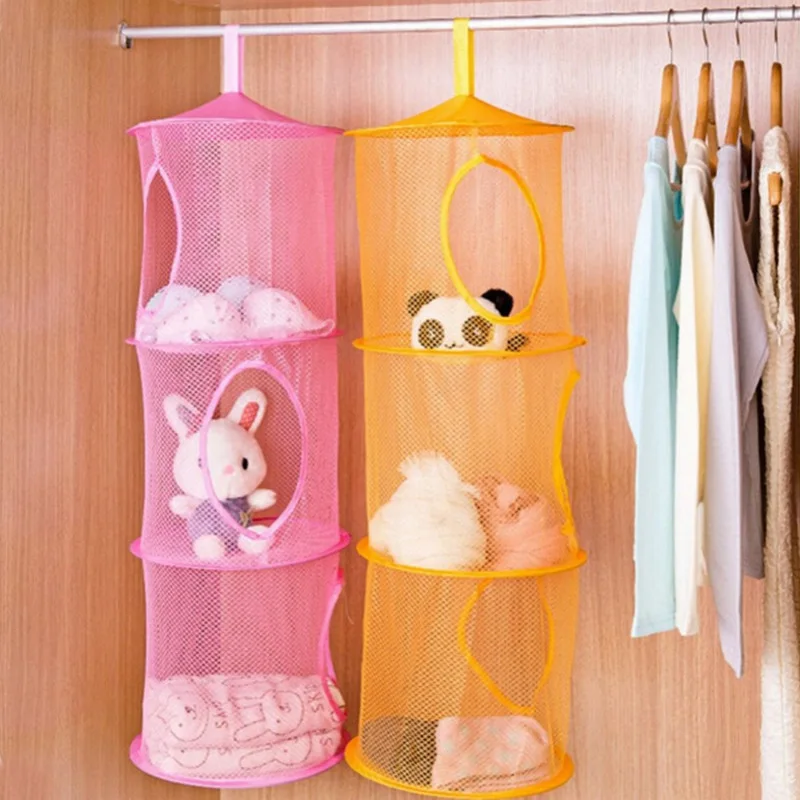 Mesh Hanging Storage Folding Kids Toy Storage Basket Organizer Bags Hanging Mesh Portable Travel Multifunctional 3 Compartments