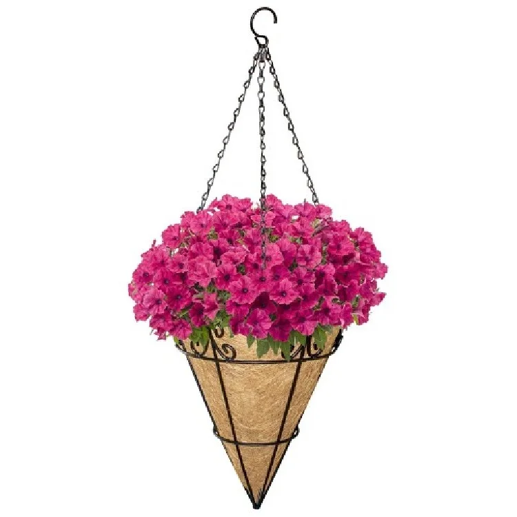 
cone shape hanging basket with coco liners for planters 