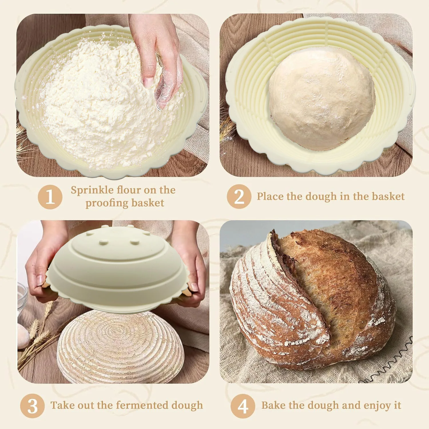 Custom Reusable Collapsible Sourdough Bread Baking Supplies Basket Foldable Silicone Bread Proofing Basket Set For Cooking