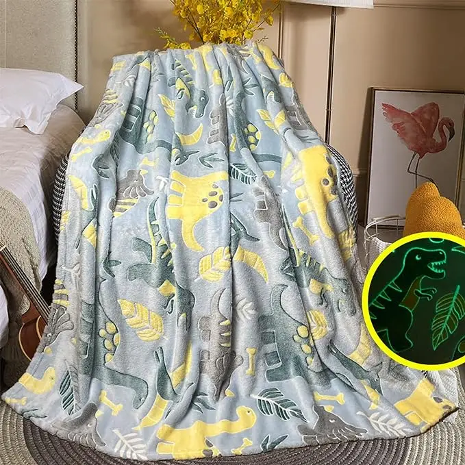 Factory Direct Mink Blanket Fabric Super Soft Cozy Plush Glow in the Dark Dinosaur Fluorescent Blanket for Winter