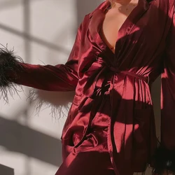 Custom Wholesale Silk Sleep Wear Sexy Satin Two Piece Bridesmaid Feather Pajamas For Women Set