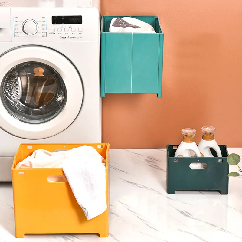 Plastic Bathroom Large Capacity Laundry Basket Fold-able Multi-Functional Storage Basket Wall-Mounted Washing Basket With Handle