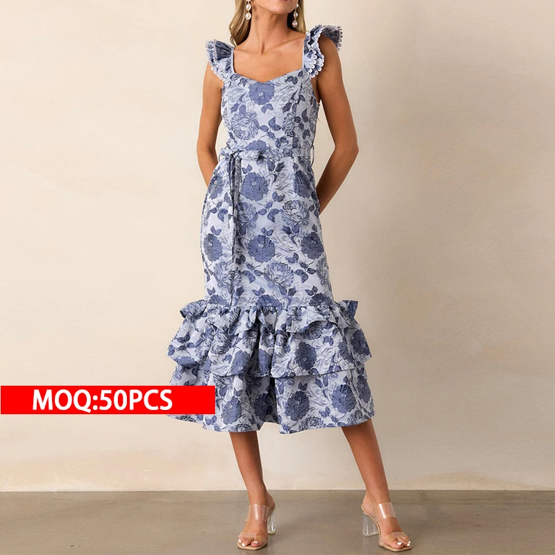 Customization Modest Midi Dress Church Luxury Tiered Ruffles High Waist Square Neck Casual Lady Floral Jacquard For Women